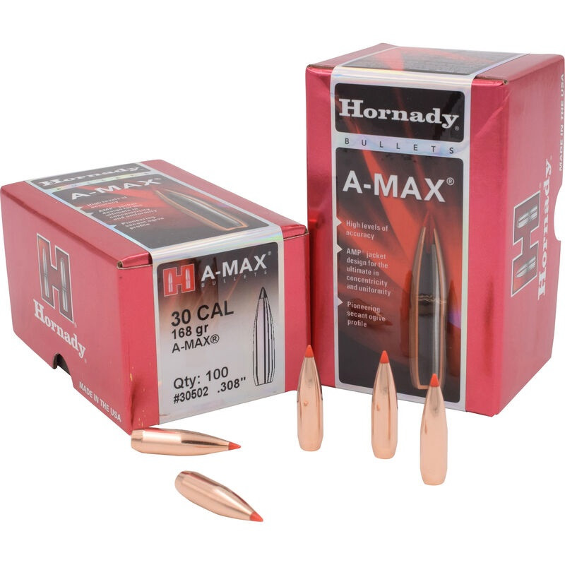 090255275131 Hornady 30 Cal (.308) 168gr A-Max Projectiles #30502 -...